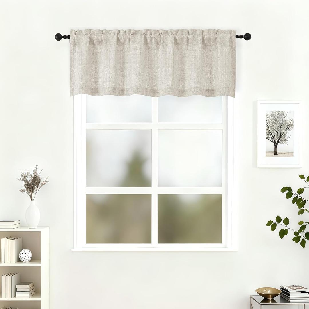 Lecloud Natural Valance for Windows 16 Inch Length, Light Filtering Kitchen Curtains, Modern Short Curtain Valance with Rod Pocket for Bedroom Cafe Basement Window Treatments, 60" W x 16" L 1 Panel
