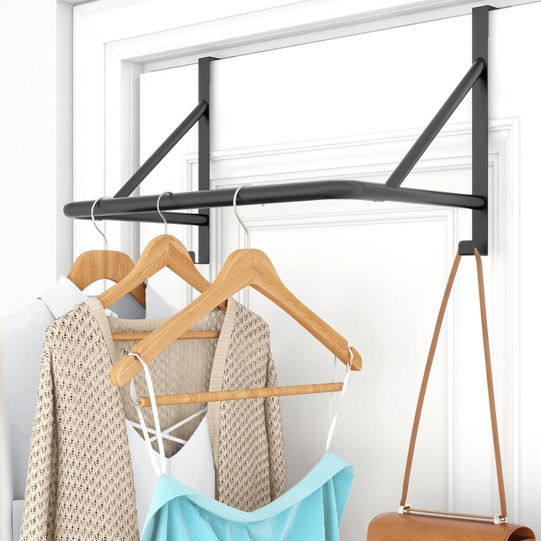 Over The Door Clothes Hanger Rod, Metal Over The Door Hanger for Coat, Clothes Drying Rack for Door for Laundry, Bedroom, Washroom, Fits Door Up to 1.97", Black (2 Hooks)