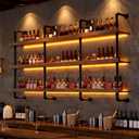 Solid Wood Wine Racks Wall Mounted with LED Lights, Metal Wine Bottles Display Shelf, Industrial Floating Lighted Bar Shelves Liquor Rack for Home & Dining Room (120cm/47.2in)