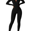 AEEZO Womens Long Sleeve Workout Jumpsuit Zip Up Yoga Rompers Sexy Tummy Control One Piece Bodycon Bottom Pants, XL