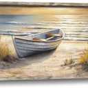 Beach Coastal Framed Wall Art: Ocean Boat Painting Sea Sunset Scenery Wooden Print Picture Seaside Seascape Grass Artwork Decor for Living Room Bedroom 40x20