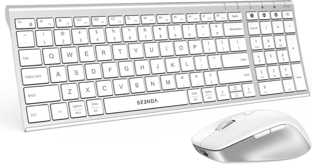 seenda Wireless Bluetooth Keyboard Mouse Combo, COE401 Rechargeable Silent Keyboard Mouse Compact Slim, 3 Multi-Device Connection, Compatible for Windows/Mac PC Laptop MacBook iPad, White Silver