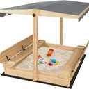 Wooden Sandbox with Lid & Canopy Cover, 48x48 Large Outdoor Sand Box for Kids Ages 4-8, with Foldable Bench Seats, UV-Resistant & Adjustable Height Roof & Bottom Liner