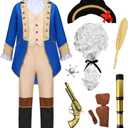 Washington Costume Boys Hamilton American Colonial Patriot Uniform with Wig (Blue, 7-8 Years)