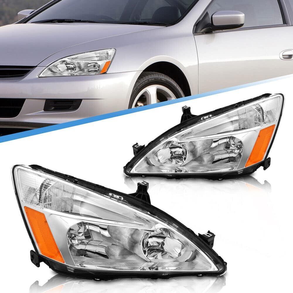 Headlights Assembly for 2003-2007 Honda Accord 2/4dr Chrome Housing Amber Reflector Clear Lens Replacement Driver and Passenger Side(No Bulb)