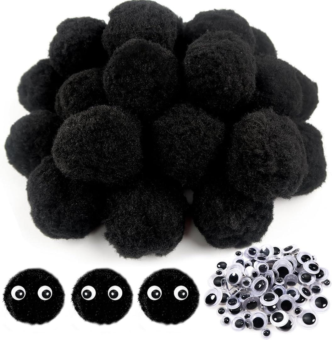 TOAOB 50pcs Large Pom Poms 2 Inch Black Craft Pom Poms Fuzzy Pompoms Balls with Googly Wiggle Eyes for DIY Crafts Projects Home Decorations