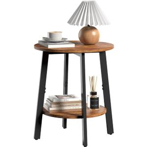 sthmec Side Table, Small Round End Table with Storage Shelf for Small Space, 2-Tier Bedside Table Sofa Couch Table, Round Accent Table Nighstands for Living Room, Bedroom, Rustic Brown