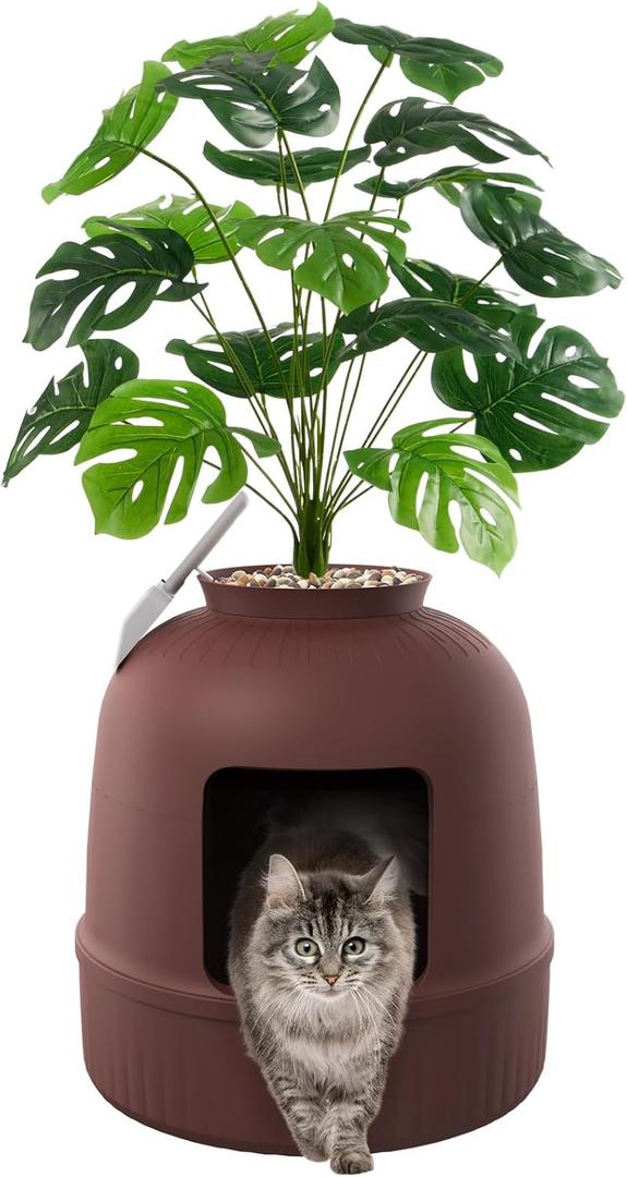 Lifewit Cat Litter Box, Hidden Enclosure Litter Tray with Odor Control & Carbon Filter in Living Room, Bedroom, Corner with Faux Plant& Plastic Scoop, 48 x 120 cm/19x47, Brown