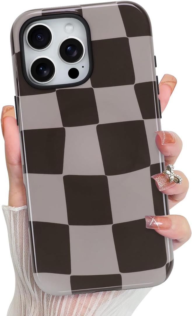 KANGHAR Compatible with iPhone 16 Pro Max Case, Aesthetic Checkered Cute Pattern, Support for MagSafe Shockproof Cover for Girls Women -Brown