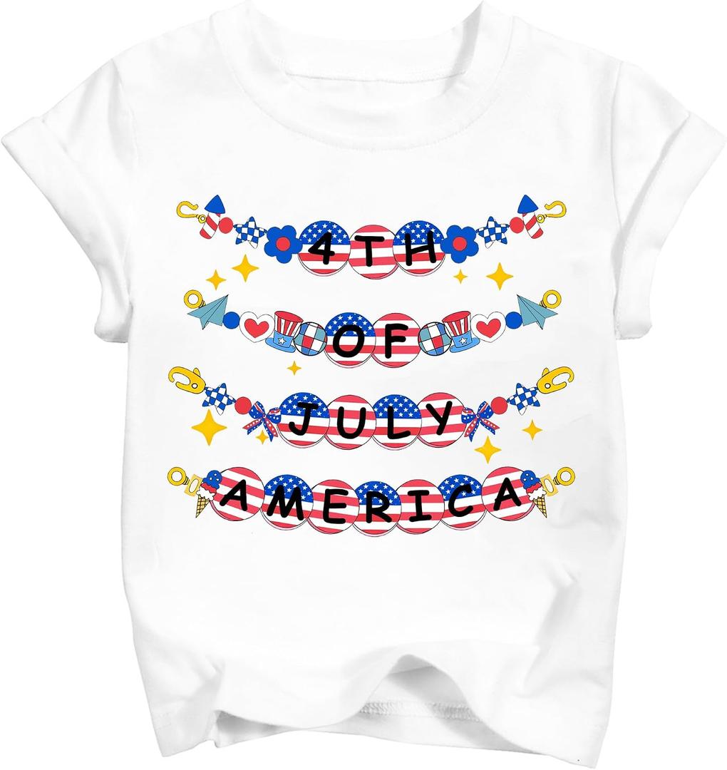 Girls 4th of July Shirt Kid 250th Anniversary Patriotic Tee Toddler America Flag Independence Day T-Shirts (3-10T) (White)