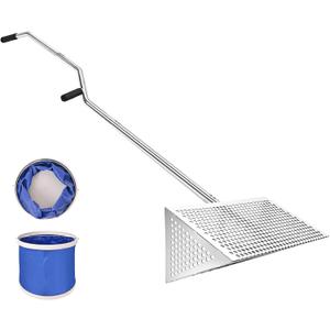 Sea Flea Rake for Beach - Premium 304 Stainless Steel Sand Sifter w 48'' Ergonomic Curved Long Handle, Beach Sifter w Large Basket w Curved Teeth, Sand Crab Catcher for Shark Teeth, Shells