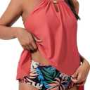 SUUKSESS Women Ruffle High Neck Tankini Swimsuit Flowy Tummy Control Bathing Suit (Large, Coralpinkleaf)