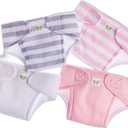 JC Toys Baby Doll 4 Pack Fabric Diapers | Washable, Reusable, Adjustable Eco Diapers | Fits Dolls 14 to 18 inch in Pink/White/Grey