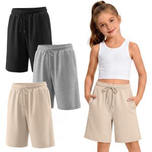 3 Pack Girls' Bermuda Long Shorts 5-14Y | Bermuda Shorts, Athletic, Long Short, Drawstring, Sweatshorts Pocket, for Summer, Casual, for Girls, Kids, Teen, 5-14Y
