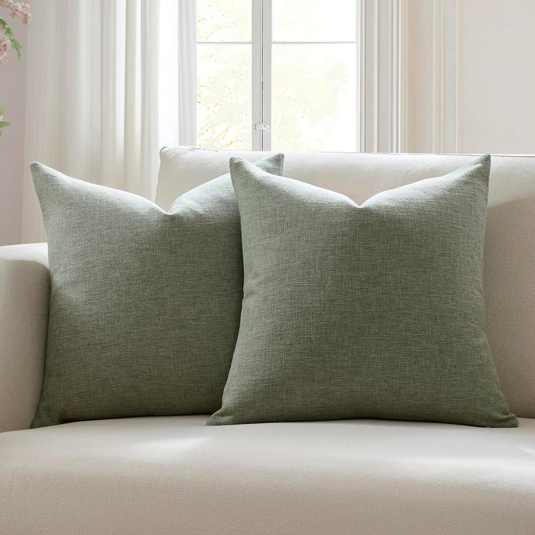Meekio Set of 2 Dark Sage Pillow Covers 22 x 22 Inch Farmhouse Boho Decorative Throw Pillow Covers Linen Cushion Covers for Sofa Couch Dcor