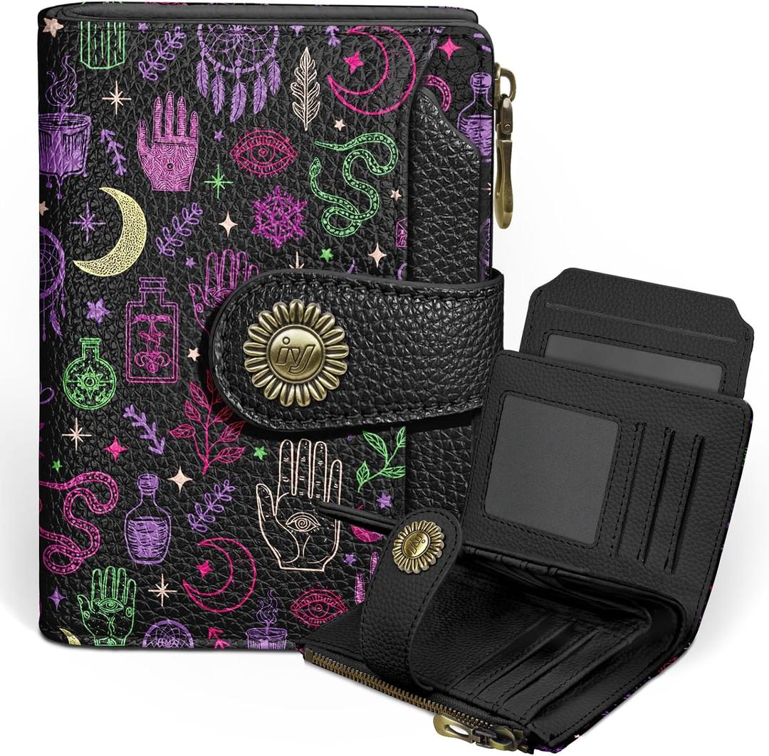 Goth Gothic Small Wallet Women RFID Blocking Bifold, Credit Card Holder, Zipper Coin Pocket, PU Leather, Magic Witchy, Compact, Travel, 4 ID Window, 14 Card Slots, Cash Purse, Ladies Woman