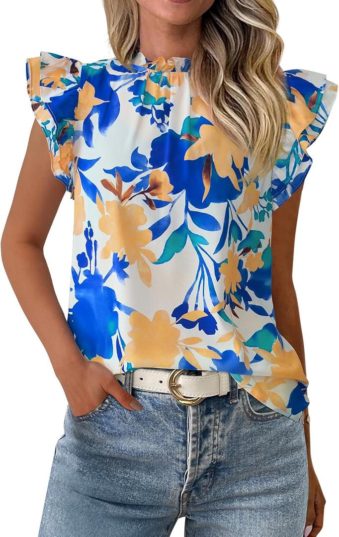 PRETTYGARDEN Women's Ruffle Short Sleeve Summer Tops 2026 Trendy Floral Trim Neck Casual Dressy Chiffon Boho Blouses Shirts (XXL)