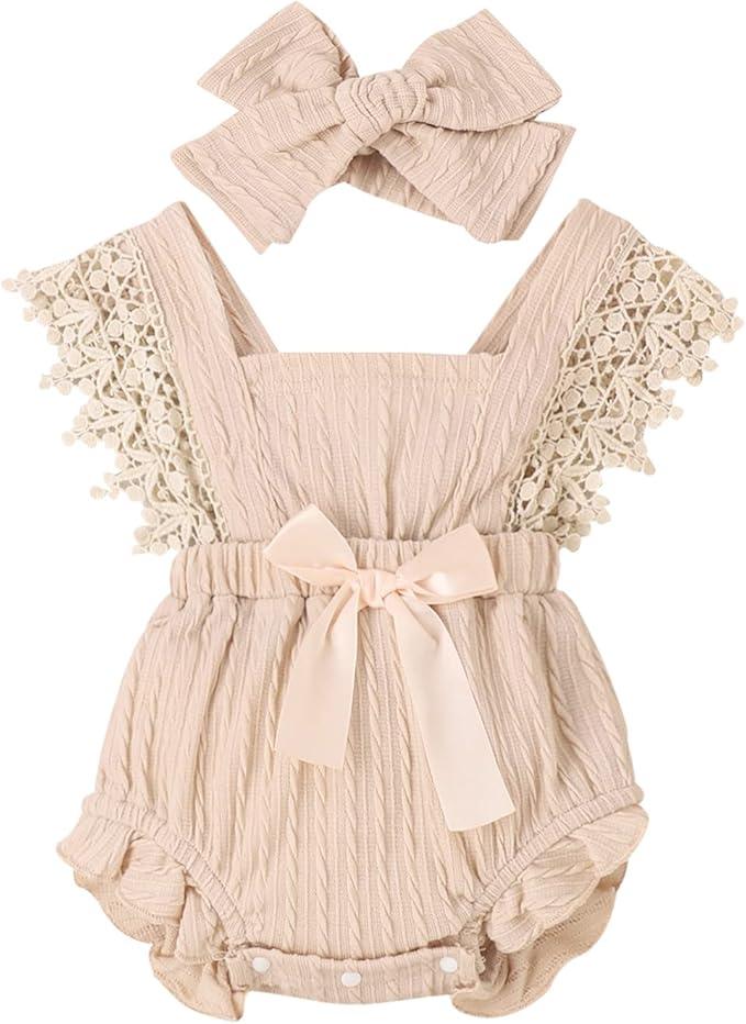 Newborn Baby Girl Lace Romper Ruffle Sleeveless Backless One Piece Jumpsuit Bodysuit Summer Clothes, Size 80
