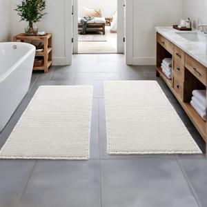 MIULEE Set of 2 Waffle Bathroom Runner Rugs, Boho Bath Rugs Non Slip Washable, Super Absorbent Runner Bath Mats, Rubber Backed Shower Mats for Hallway Bedroom Laundry Room, White, 2'x4'(24x48 Inch)