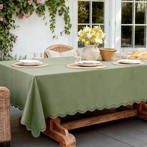 Olive Green Rectangle Tablecloth Linen Textured Waterproof & Stain Resistant Outdoor Table Cloth Spring Decorative Scalloped Cutouts Farmhouse Table Cover for Dining, Parties and Camping, 52 x 70 Inch
