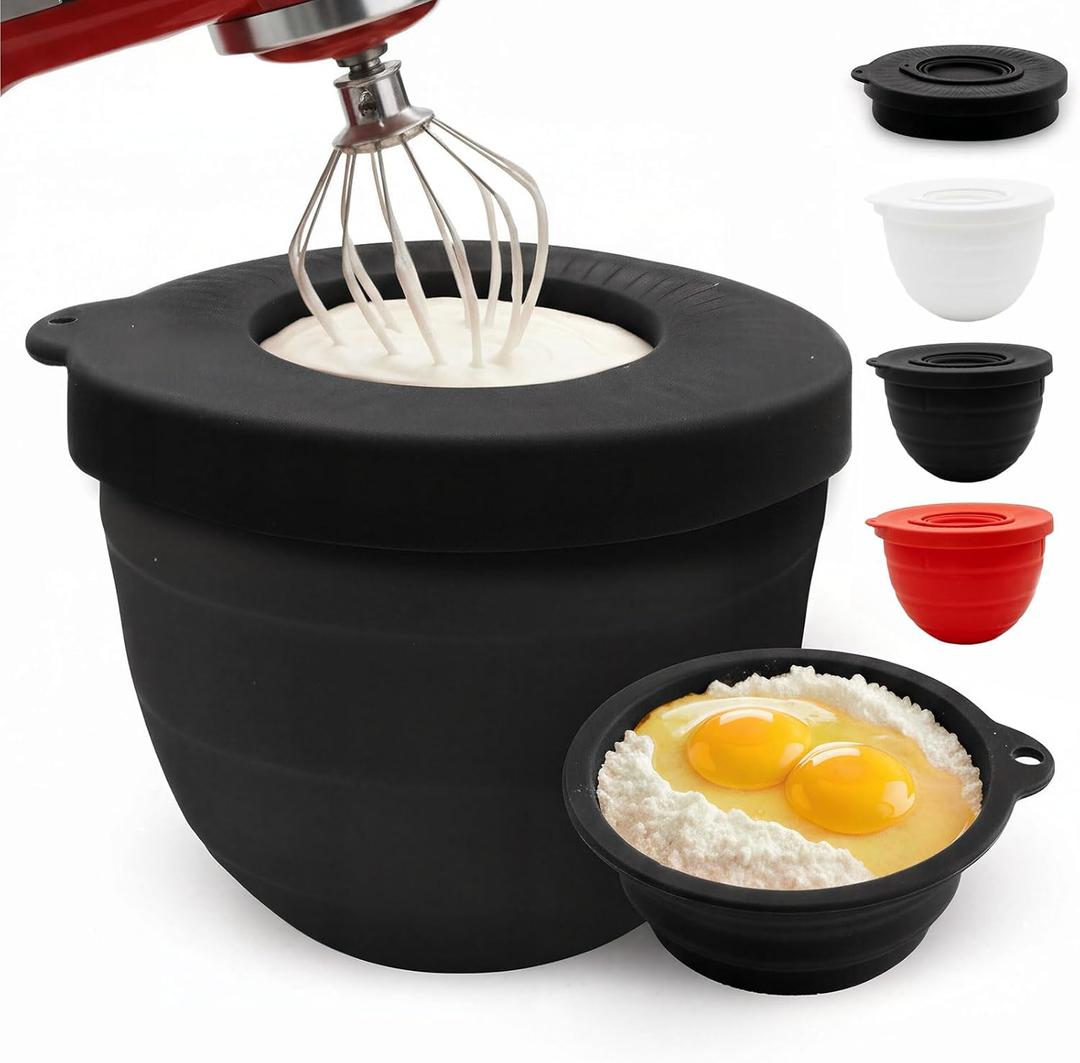 Silicone Bowl Liner for KitchenAid Mixer 4.5/5QT, Collapsible Mixing Bowl Insert with Airtight Lid, Food Grade Silicone KitchenAid Stand Mixer Bowl Liner, Heat Resistant, Dishwasher Safe, 1 (Black)