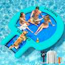 CALOBANA Water Hammock with Dog Boat Ramp, Inflatable Round Floating Ring for Adults Pets Heavy Duty Floating Dock Tanning Pool Lounger Float Island Platform for Pool Sea River Dock Boat Party