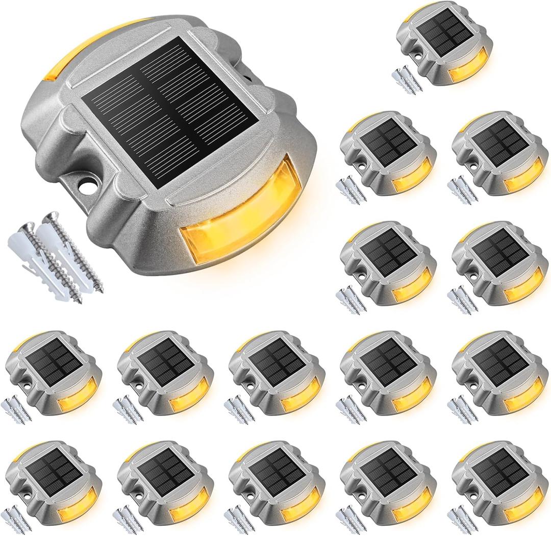 VOLISUN Solar Deck Lights Driveway Dock Lights, 16-Pack Led IP68 Waterproof Outdoor Warning Step Lights for Driveway Sidewalk Garden Pathway Yard(Warm White, Auto On/Off