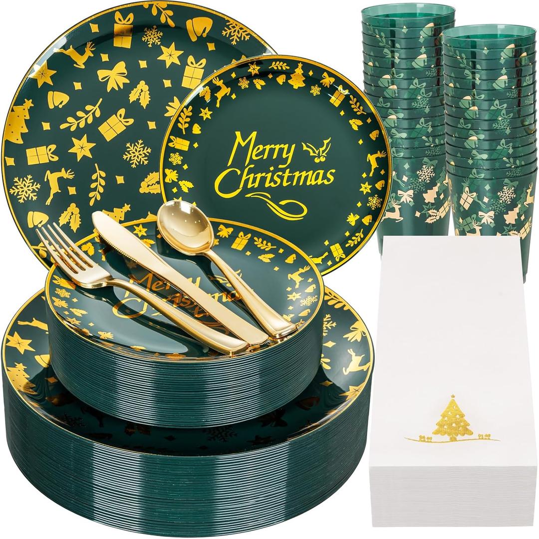 175Pcs Christmas Plates Disposable - Christmas Plastic Plate - Green Gold Xmas Dinnerware Sets for 25 Guests Include 50 Plates, 75 Silverware, 25Cups, 25Napkins for Xmas Party