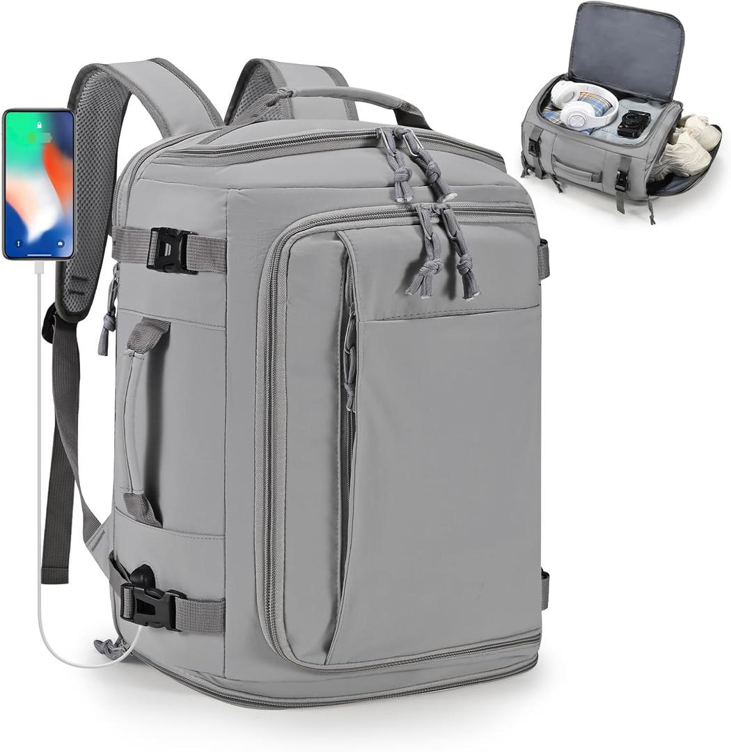 40x30x20cm Travel Bag, Expandable Carry on Travel Backpack 30-35L, 40x30x25cm Personal Item Bag,15.6inch Laptop Backpack with Shoe Compartment and Wet Pockets,Mochila de Viaje (Grey)