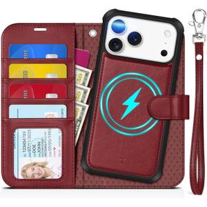 TUCCH Detachable Case Wallet for iPhone 17 Pro Max (6.9") 2025, Wrist Strap | 4 Card Slots RFID Blocking | Wireless Charging | Stand | 2-in-1 Magnetic | PU Leather | Shockproof Folio Cover | Dark Red