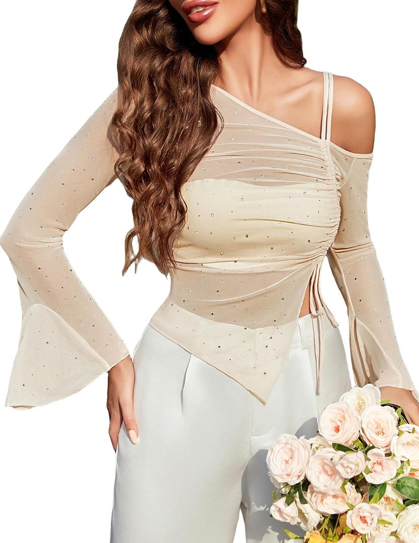 Avidlove Women Mesh Top Long Sleeve Rhinestone Tops Off Shoulder Bell Sleeve Drawstring Blouse Sheer Sparkly Shirt S-XXL (Champagne)