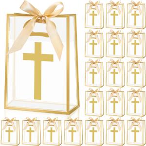 Gilprop 20 Pcs Religious Baptism Party Favor Bags Clear Gift Bags with Handles Ribbon for First Communion, Gold Cross Religious Christening Church Christian Baptism Supplies, 10 x 7 Inch (Gold), 1 count