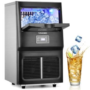 VINERIE Commercial Ice Maker Machine, 100lbs/24H, ETL Approved, Clear Cube, LED Panel, Stainless Steel Auto Operation, Freestanding & Built-in Ice Maker