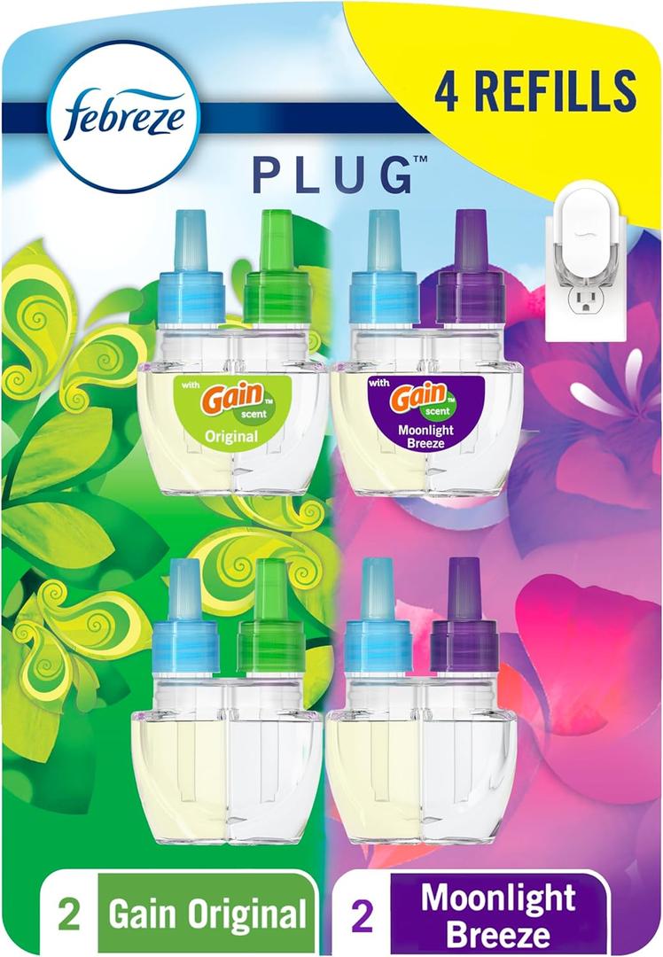 Febreze Plug In Air Freshener, Odor-Fighting Scented Oil Refill, For Home, Bathroom, & Kitchen, Long Lasting, Gain Moonlight Breeze and Gain Original Scents, 0.87oz Refills, 4 Count (2 of Each Scent)