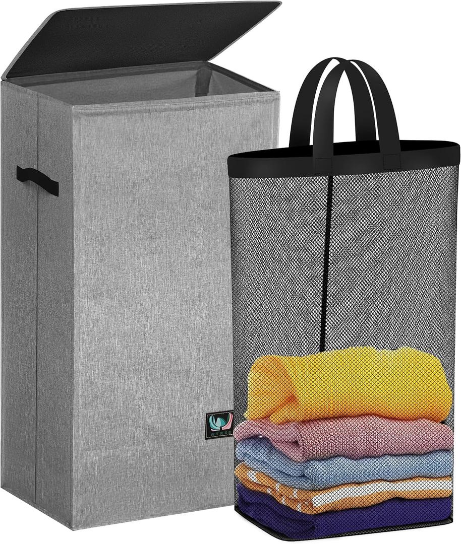 WTREE Laundry Hamper with Lid, Reinforced Sturdy Clothes Hamper with Anti-Puncture Base, Large Collapsible Laundry Basket with Removable Liner Bag, Tall Dirty Clothes Bin for Family, 100L Grey
