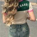 Women's Retro Jersey Shirts Number Graphic Short Sleeve Crop Tops Crewneck Tight T Shirt Streetwear (L)