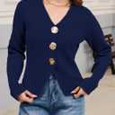 Daacee Women Cropped Gold Button Sweaters Structured Long Sleeve Cardigan (Blue, M)