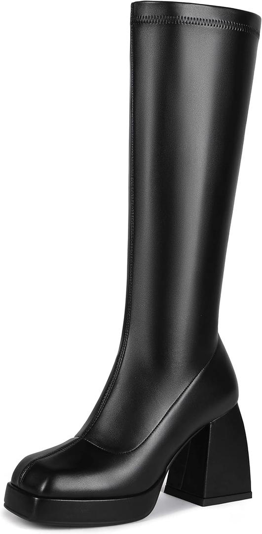 DOBOYG Knee High Boots Women Platform Chunky Block Heel Stretchy Square Toe Tall Patent Leather Long Boots (7)