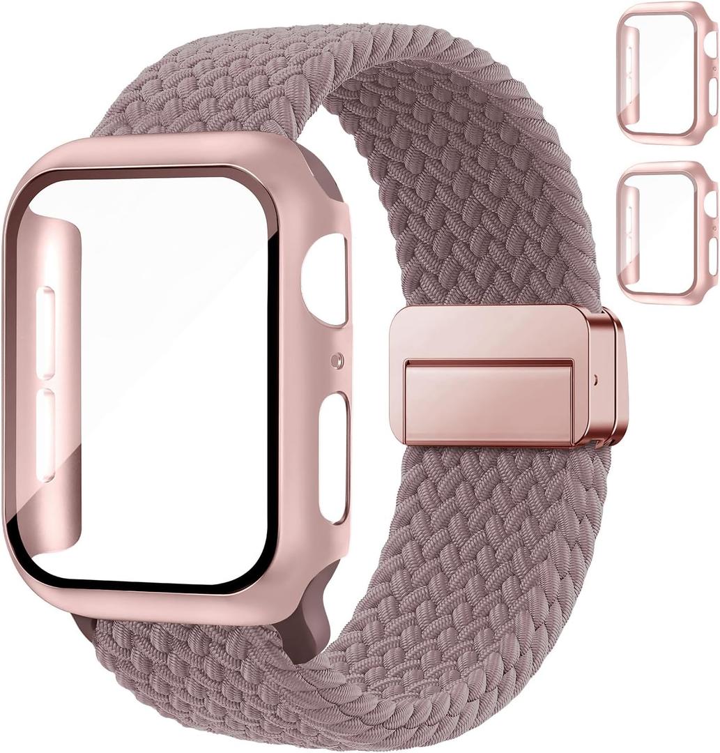 Braided Bands and Case for Apple Watch Bands for Women 40mm 44mm 46mm 42mm 45mm 41mm 38mm Men,Magnetic Nylon Sport Stretchy Solo Loop Elastic Strap with Cover for iWatch Series 11 10 9 8 7 6 5 4 3 SE (05-Smoke Purple+Rose Pink)
