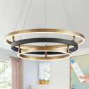 Benkut Modern LED Chandelier Black Gold Dimmable 3 Ring Pendant Light for Dining Room, Kitchen Chandelier Circular with Remote Control Flush Mount High Ceiling Light for Living Room, 3000K-6500K, 3 Rings 23.6 inches
