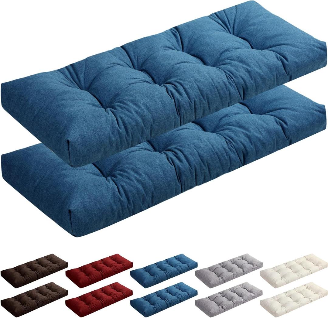 2 Pack Indoor Bench Cushion Patio Waterproof Porch Swing Cushions Tufted Memory Foam Bench Seat Pads Thicken Non Slip for Outdoor Garden Furniture Wicker Loveseat Settee(Blue,48x18 Inch)