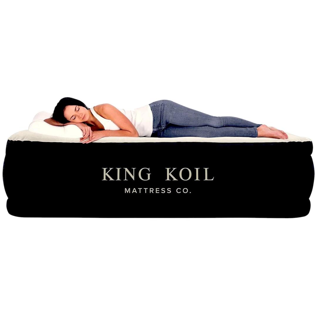 King Koil Luxury Full Size Plush Pillow Top Air Mattress with Builtin HighSpeed Pump for Home, Camping & Guests 20" Inflatable Double High Blow Up Airbed, Durable, Waterproof