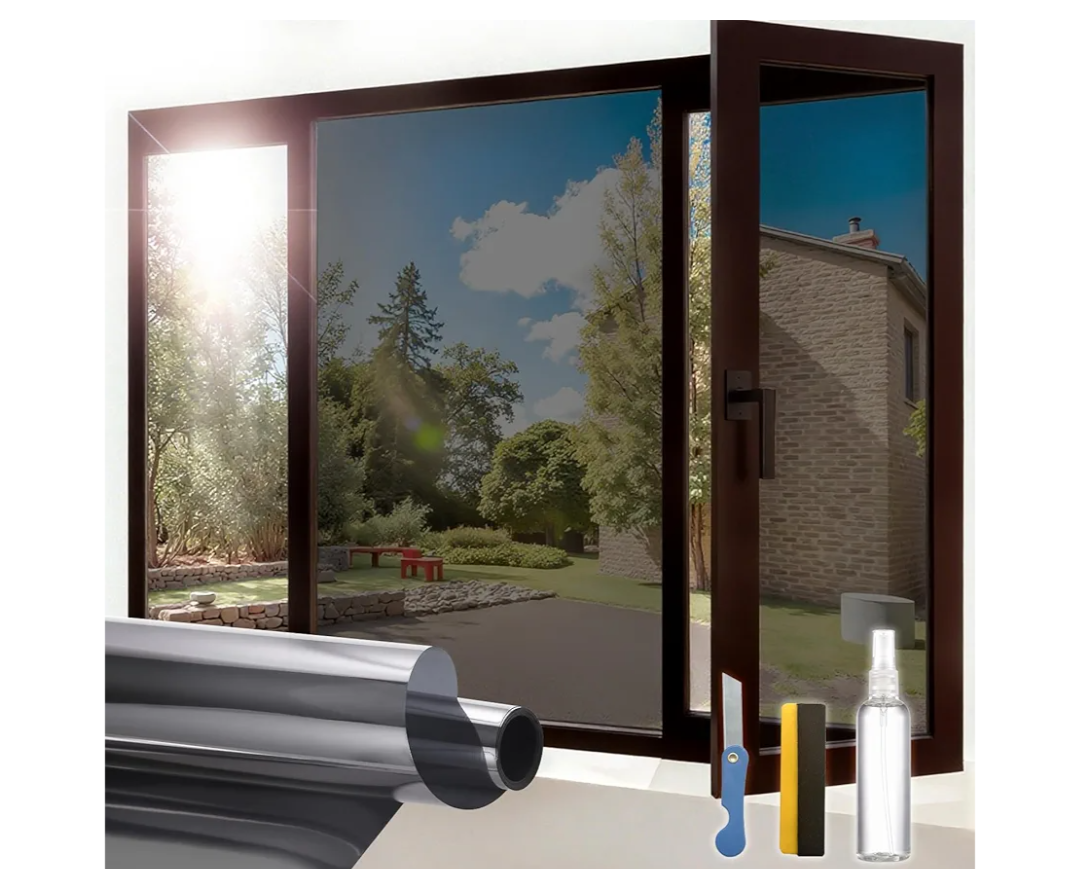 One Way Window Privacy Film, Sun Blocking Anti UV Reflective Static Cling, Window Tint for Home and Office, No Glue Garage Solar Paper, Black Silver, 29.5" x 78.7"