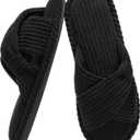 e Summer House Slippers for WEvshinomen Corduroy Cross Bow Indoor Slippers Open Toe Slip On Bedroom Shoes with Memory Foam (8-9, Black)