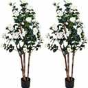 2pc 5ft Decorative Artificial Camellia Tree with White Flowers, Potted Faux Floral Plant, Realistic Blooming Fake Plants for Indoor Outdoor Home Front Door Planter Decor