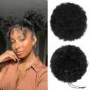 100% Human Hair Afro Puff Drawstring Ponytail for African Black Women GirlsAfro Curly Bun Extension Kinky Drawstring Short Extensions Hairpieces - 1B Natural Black Medium Size - 2 PIECES