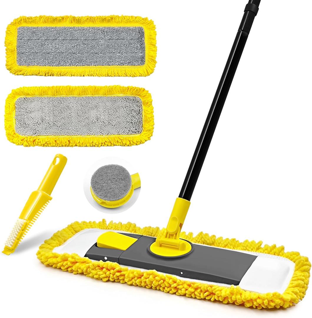 Dust Mop with Microfiber & Chenille Pads, Dry Wet Flat Mop for Cleaning Hard Wood Laminate Tile Vinyl Kitchen Bathroom Home (Yellow)