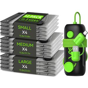 Vacuum Bags for Travel - USB Electric Pump, 12 Pack Carry-on Size Vacuum Seal Bags for Clothing - Space Saver Vacuum Storage Bags for Luggage, Travel Essentials.