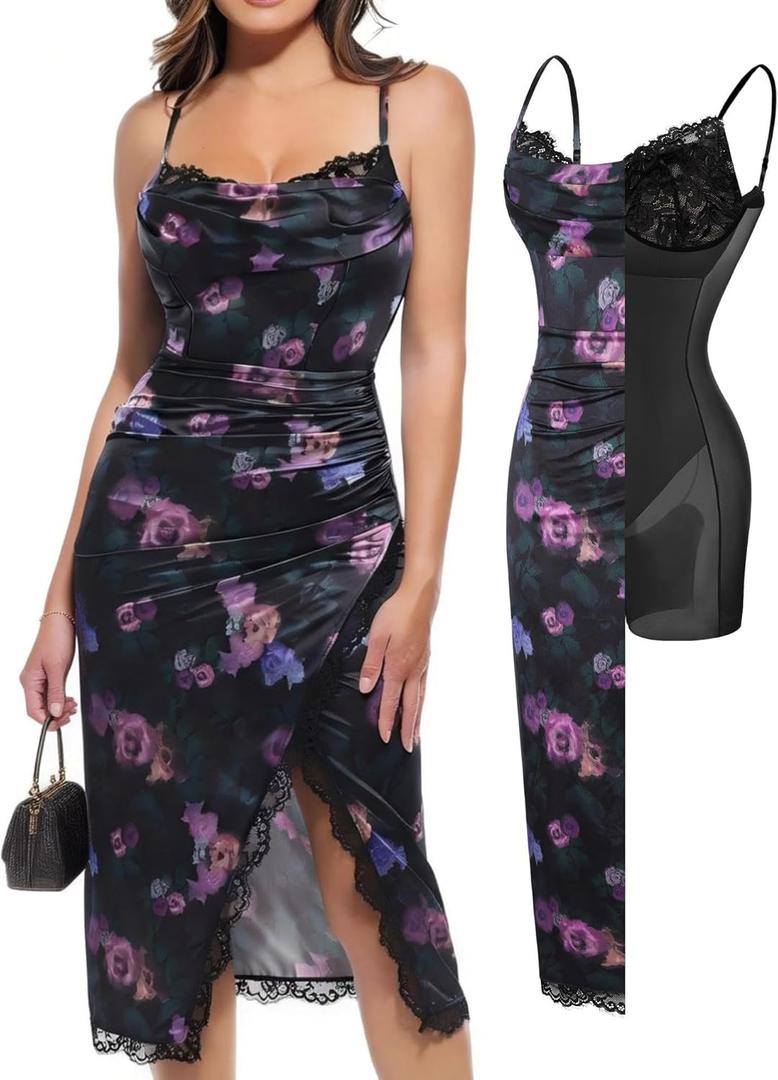 Popilush Shapewear Corset Dress Women's Satin Ruched Midi Dress Cocktail Date Night Classy Dresses with Lace Trim Bra (Medium, Floral)