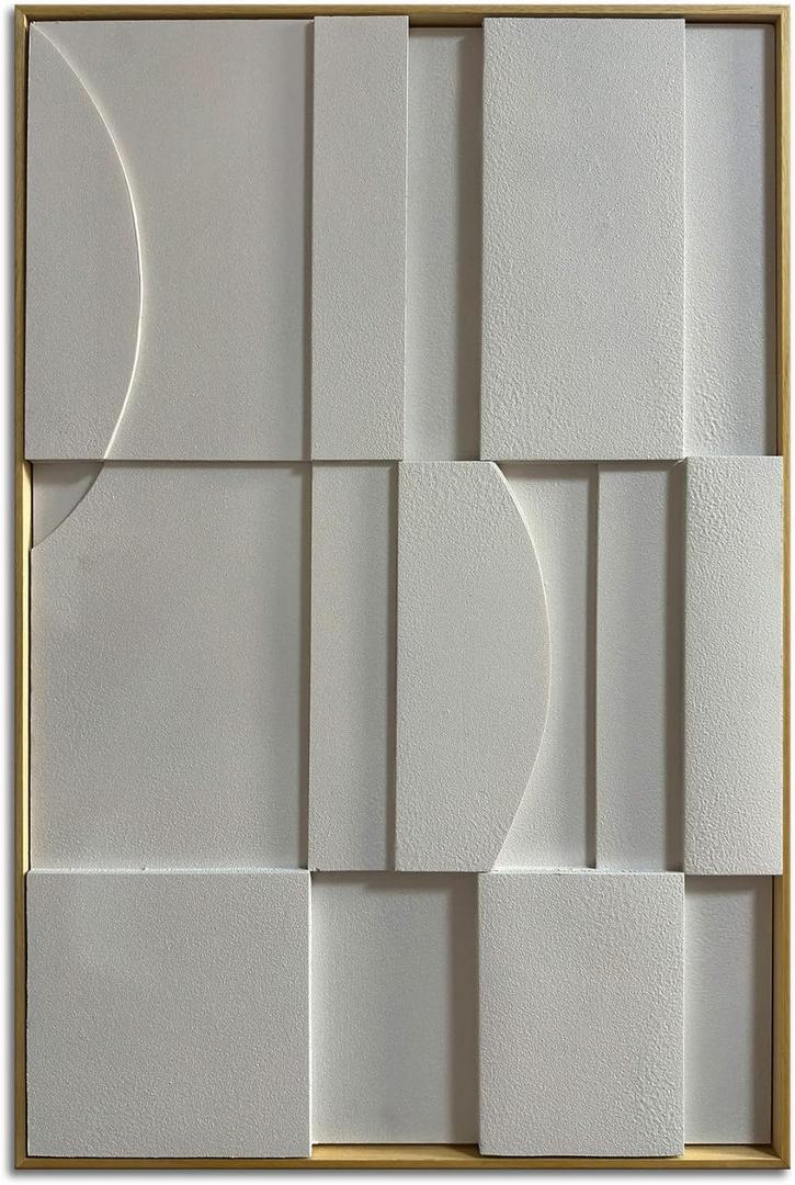 Slyart 3D White Textured Wall Art, Handmade Verical Abstract Relief Wall Art Framed Wall Decorations Artwork, Minimalist White Painting